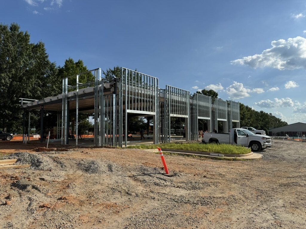 Exterior commercial metal framing on a Quick Wall Construction project